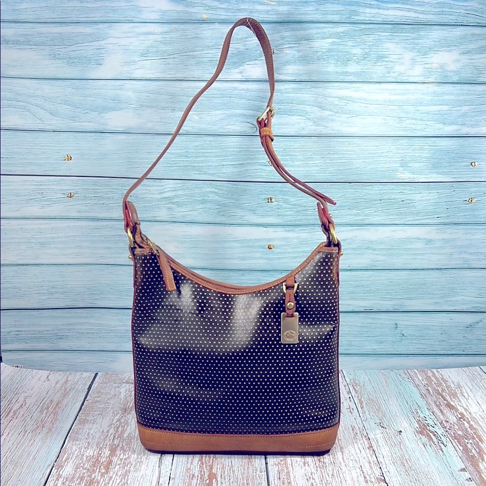 🦆 DOONEY & BOURKE CABRIO CABRIOLET PERFORATED LEATHER VINTAGE BLACK TAN HOBO BAG